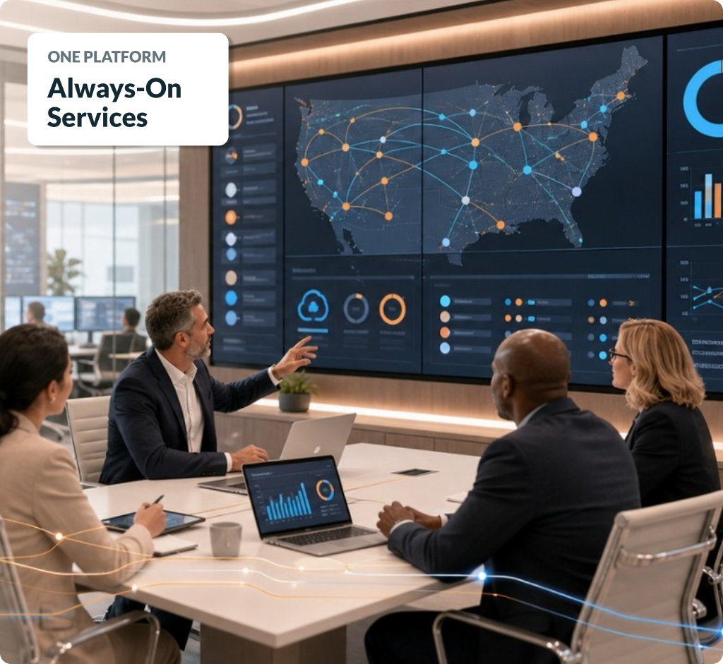 One-Platform-Always-On Executive leadership team reviewing business continuity dashboard