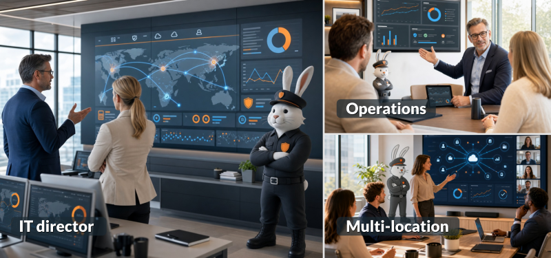 SMB-Operations-v3 Enterprise IT and operations leaders monitoring branch infrastructure with RabbitRun RRT-600